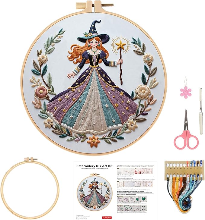 Embroidery Kit for Adults, Pre-Stamped Pattern Embroidery Kit for Beginners, DIY Hand Needlepoint Starter Kit with Hoop Thread Needle Instruction, 6.3'' Hoop (Witch 1 Pack)
