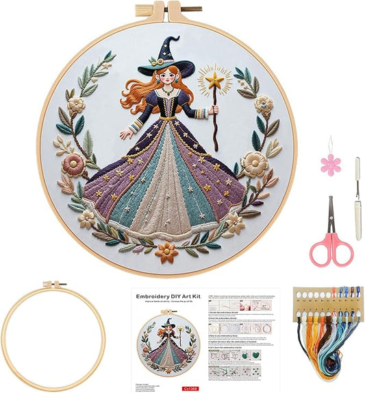 Embroidery Kit for Adults, Pre-Stamped Pattern Embroidery Kit for Beginners, DIY Hand Needlepoint Starter Kit with Hoop Thread Needle Instruction, 6.3'' Hoop (Witch 1 Pack)