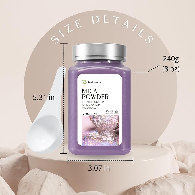 Mica Powder, Purple, 240g with Scoop, Complies with ASTM D-4236 | For Epoxy Resin, Soap, Bath Bomb, Candle| Safety Material| Odorless| Brilliant Colors