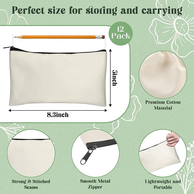 Legigo Blank Canvas Bags Zipper Pouch Makeup Bags Pencil Pouch Bulk | Multi-Purpose, Sturdy Canvas Pouch with Zipper, Cosmetic Travel Toiletry Bag for DIY Crafts, Gifts & Storage, 8.3 x 5 Inch