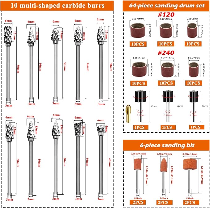 80PCS Tungsten Carbide Rotary Burr Set with Sanding Drums, 1/8" Shank Double‑Cut Rotary Tool Accessories for Dremel & Die Grinder, for Wood Carving, Metal Engraving, Grinding and Polishing