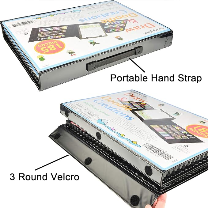Sunnyglade 185 Pieces Double Sided Trifold Easel Art Set Art Supplies Black | Art Kit Drawing Art Box with Oil Pastels, Crayons, Colored Pencils, Markers, Paint Brush, Watercolor Cakes, Sketch Pad