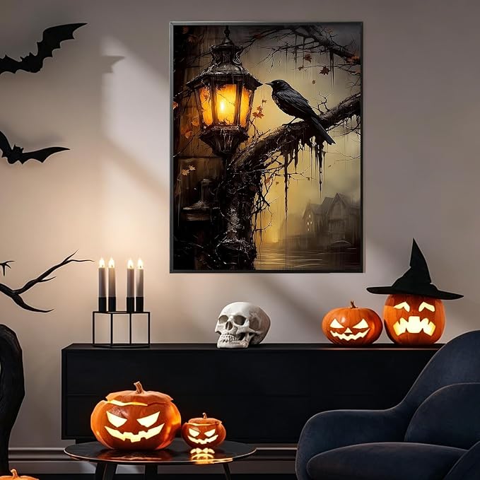 PHANTASYART Gothic Crow Framed Paint by Number with Wooden Easel 12x16inch | Gothic Adult Paint by Numbers, Horror Crow Canvas Paint by Numbers for Adults, DIY Acrylic Painting Kits for Adults