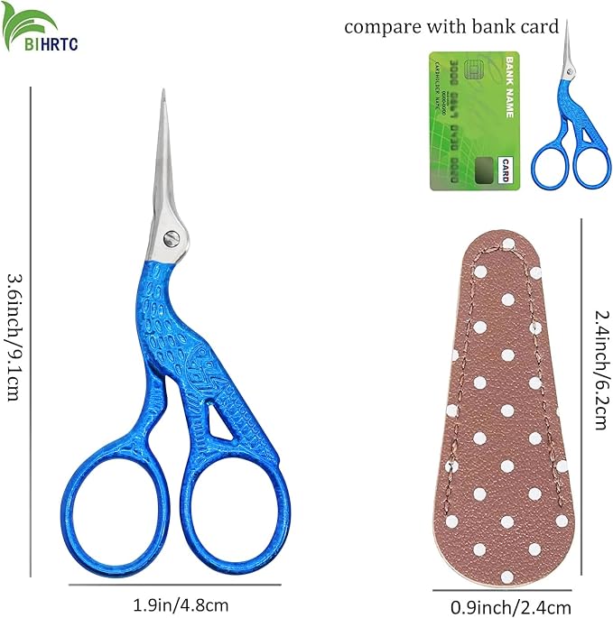 BIHRTC 3.6" Vintage Stork Scissors,Antique Metal with Leather Cover | Vintage Scissors Stainless Steel Scissors with Leather Cover for Threading Cross Stitch Cutting Sewing Handcraft Craft