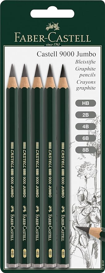 Faber-Castell 5 Piece Quality Castell 9000 Jumbo Graphite Pencils Blister Card Set, Including HB, 2B, 4B, 6B and 8B (119397)