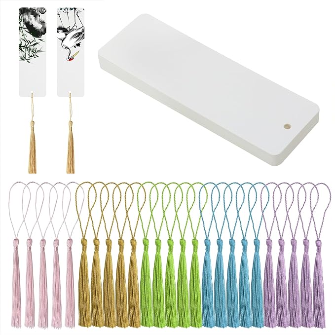 Kraft Paper Book Page Marks 25Pcs Unfinished Blank Craft Cardstock Page Marker with 25Pcs Colorful Silky Tassel for Christmas Gift Stocking Stuffer Present Tags and DIY Projects (White)
