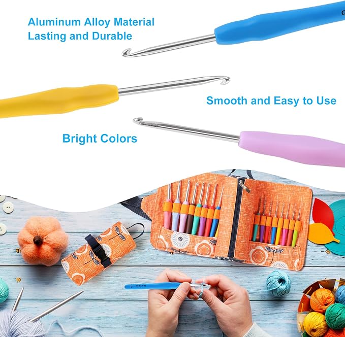 Vodiye 21 Sizes Ergonomic Crochet Hooks Set 0.5–10.0mm with Roll Bag, Soft Grip Crochet Needles for Crocheting Comfort