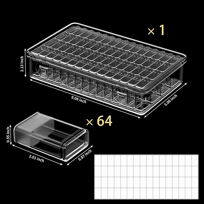 1 Pack 64 Grids Diamond Painting Tool Box Container Craft Storage with Adjustable Dividers for Beads, Art DIY, Crafts, Jewelry, Plastic Organizer with Label Stickers