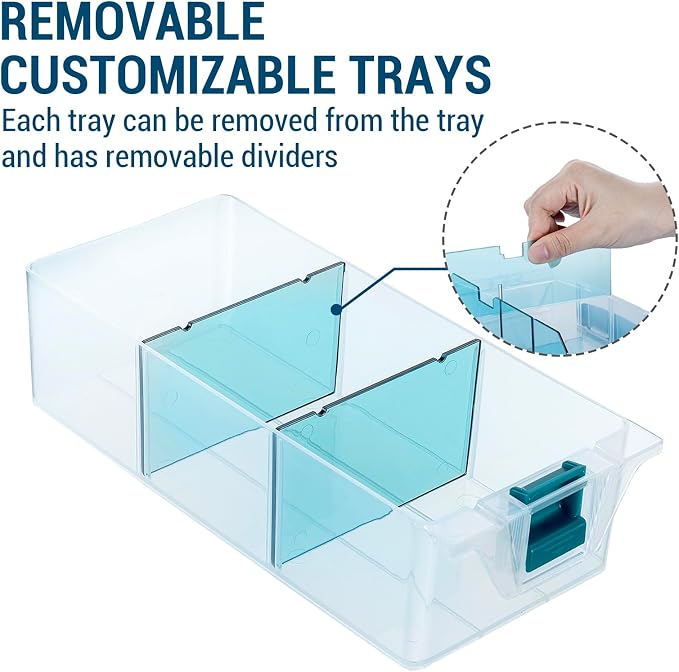 MyGift Single Stackable Tray, Add-on for 11 Inch Clear Arts & Crafts Storage Box with Blue Accents, 9 Compartment Sewing Supplies Organizer 3 Drawers and Removable Dividers