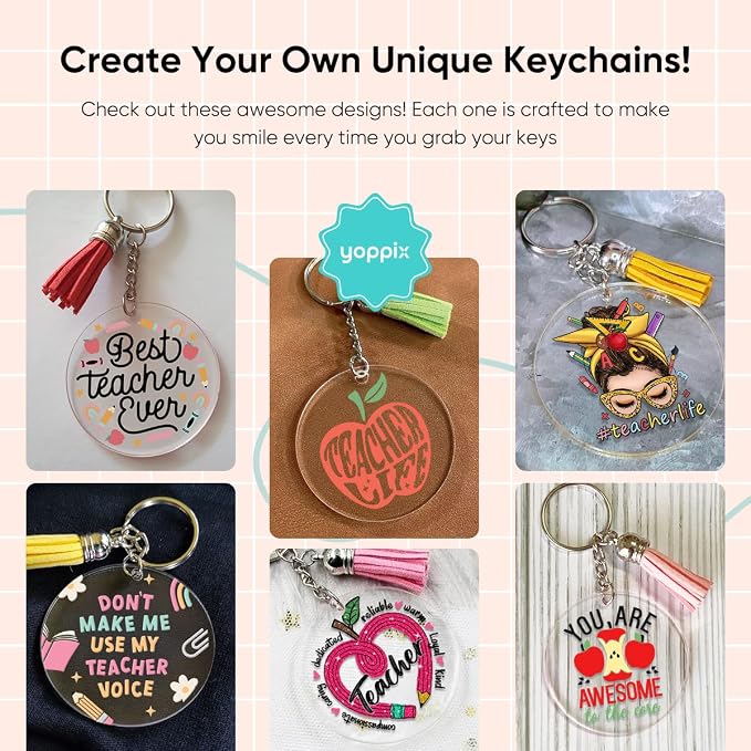 YOPPIX 140 PCS Acrylic Keychain Blank Set, Teachers Double-Sided UV DTF Stickers Acrylic Keychain Making Kits for Vinyl DIY Craft Project