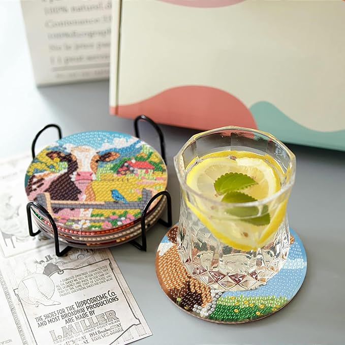 askkqtx 8 Pcs Cow Diamond Art Coasters Kits with Holder 4X4 Inch