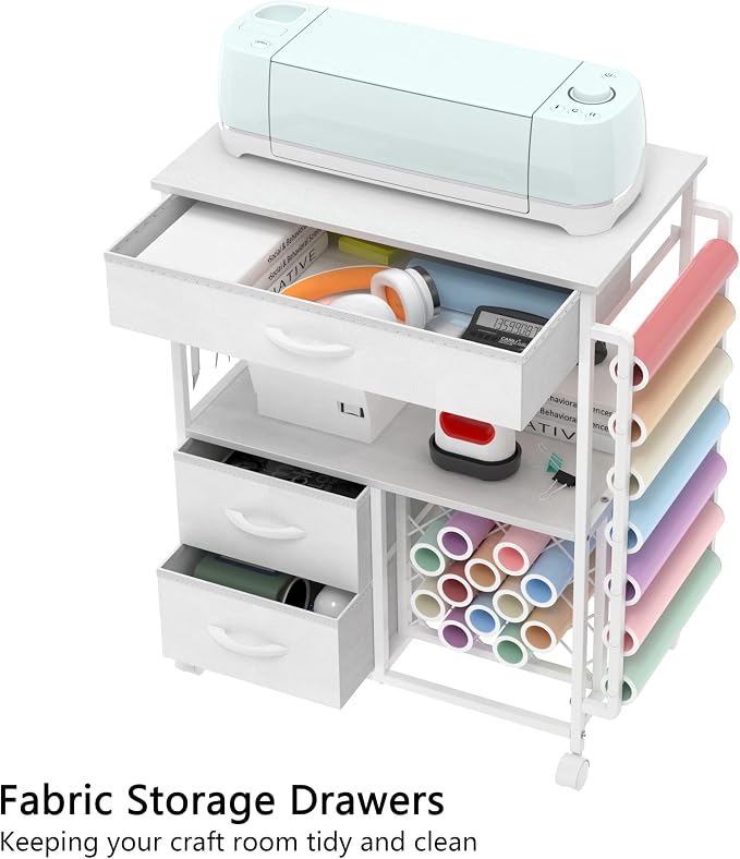 VENNQD Storage cart Compatible with Cricut Machines Stand Cutting Machine Stand with Drawers and Vinyl Roll Holder Rolling Craft Cabinet Table for Cricut Craft Workstation for cart Craft Room (White)