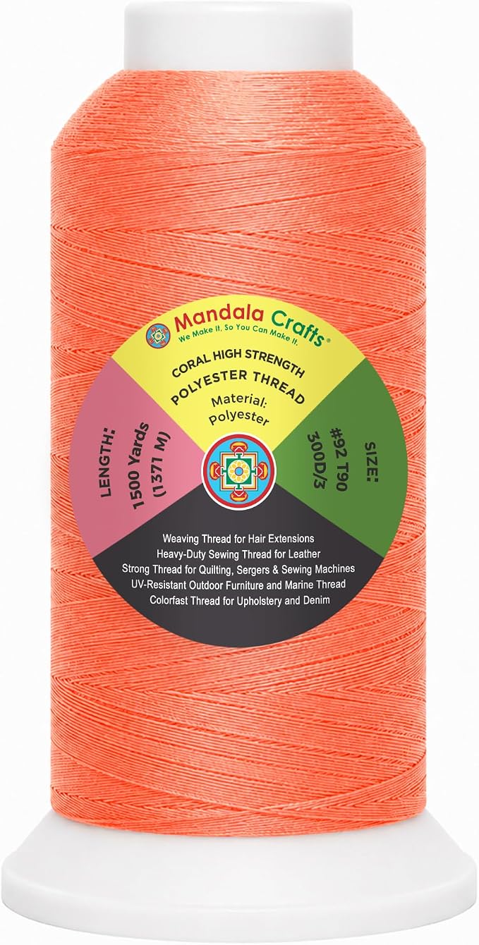 Mandala Crafts Coral Tex 90 Polyester Heavy Duty Thread for Upholstery | 1500 Yds T90 UV Resistant Strong Thread for Leather Sewing, Marine, Drapery, Jeans, Hair Weaving & Extension, Outdoor