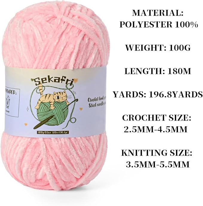 Fuzzy Chenille Yarn for Crocheting, Fluffy Amigurumi Crochet Yarn for DIY Craft/Hat/Shoes, (100g/197yds) Soft Velvet Baby Blanket Yarns（Light Pink）