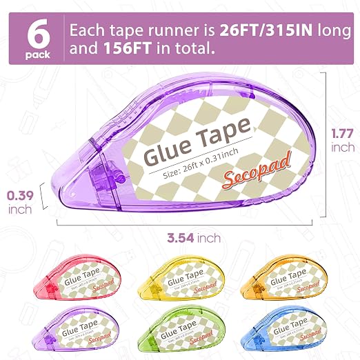 Secopad Scrapbook Tape, Glue Tape for Crafts, 6 Pack, Clear Colored Shell | 0.3IN x 26FT, Sticky & Safe, Double Sided Tape for Crafts, Scrapbooking Junk Journaling Supplies, For School Office Teachers