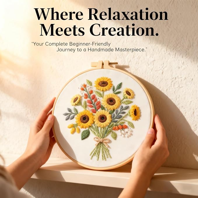 Sunflower Embroidery Kit for Beginners - All in One DIY Cross Stitch Starter with Hoop, Pre-Printed Fabric, Embroidery Threads, Needles,Perfect Craft Gift for & Home Decor