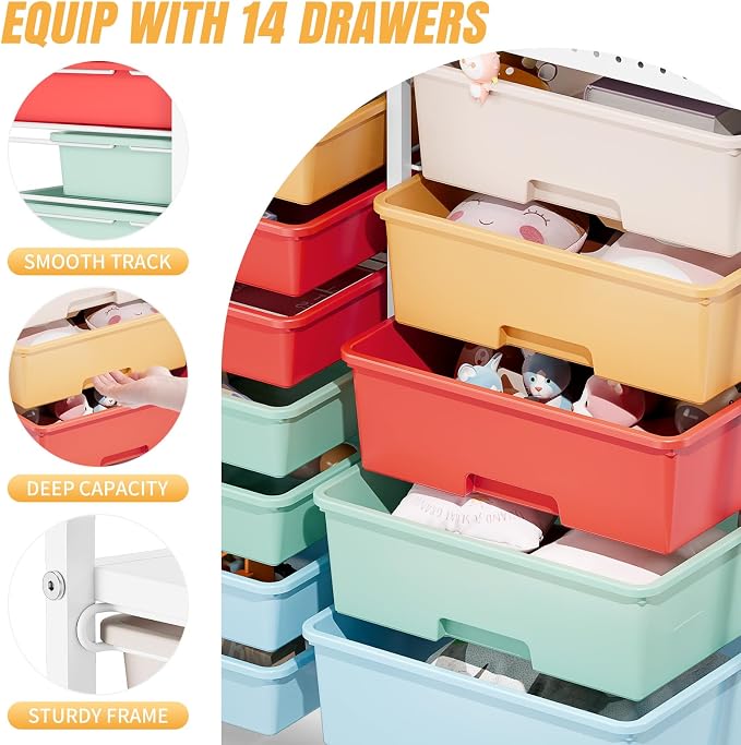 14 Drawer Rolling Storage Cart with Tabletop and Pegboard for Craft Color | Easy Setup, Large Capacity, Sturdy Build, Smooth Mobility, For classroom, office and dorm supplies