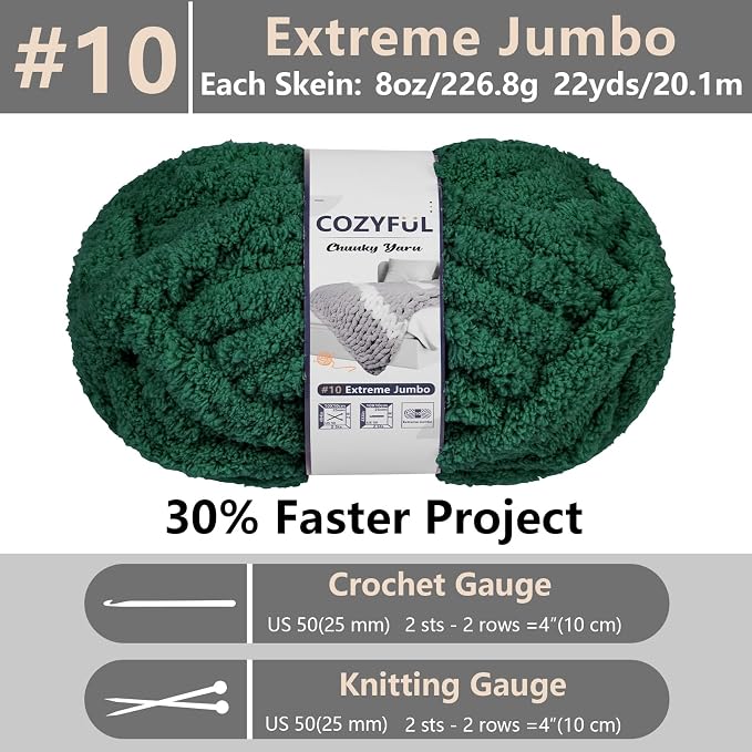 Cozyful Chunky Yarn for Hand Knitting - #10 Chunky Chenille Yarn, Jumbo Big Thick Chunky Yarns for Crocheting, Super Bulky Chunky Knit Blanket Yarns, 8 Skein (22 yds 8 oz Each Skein), Forest Green