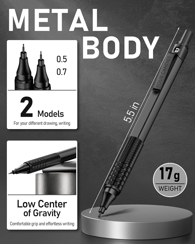 2PCS Metal Mechanical Pencil Set, 0.5mm+0.7mm, Storage Case, Black＆Silver