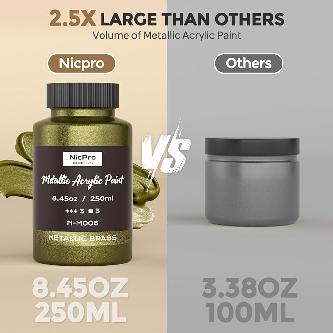 Nicpro Metallic Brass Acrylic Paint, 8.45oz/250ml Large Brass Leaf Paint | Non Toxic, Non Fading Craft Paints for Metal, Wood, Clay, Fabric, Canvas, Furniture, Handcrafts, Art Supplies