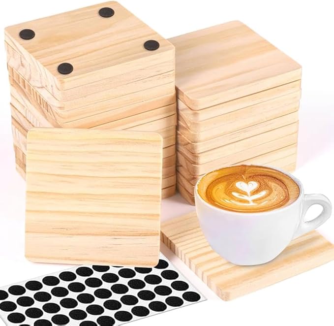 26 Pack Unfinished Wood Coasters, 4 Inch Square Blank Wooden Coasters Crafts Coasters with Non-Slip Silicon Dots for DIY Architectural Models Drawing Painting Wood Engraving