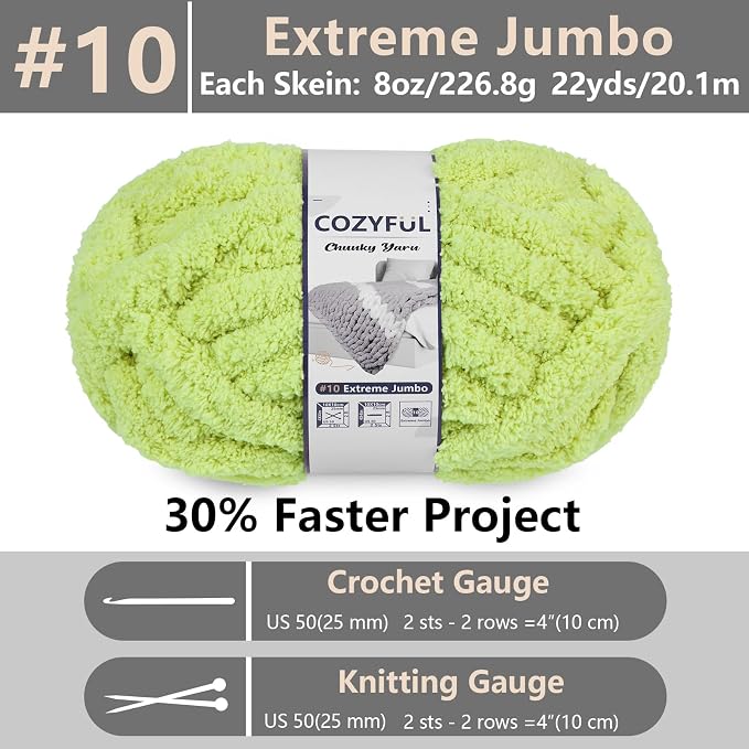 Cozyful Chunky Yarn for Hand Knitting - #10 Chunky Chenille Yarn, Jumbo Big Thick Chunky Yarns for Crocheting, Super Bulky Chunky Knit Blanket Yarns, 8 Skein (22 yds 8 oz Each Skein), Lemon Lime