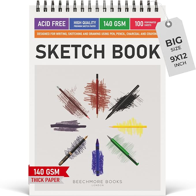 Beechmore Books 9x12 Top Spiral Sketchbook 140 GSM 100 Perforated Pages | Acid-Free White Paper, Artist Sketch Pad & Drawing Notebook, Art Supplies for Adults, Artists, Students & Teens