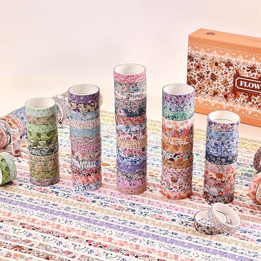 icceemee 60 Rolls Flowers Theme Washi Tape Set with Different Colorful Patterns, Writable Decorative Tapes for Scrapbooking, Junk Journal Supplies, Bullet Journaling, 0.39'' x 79'' per Roll