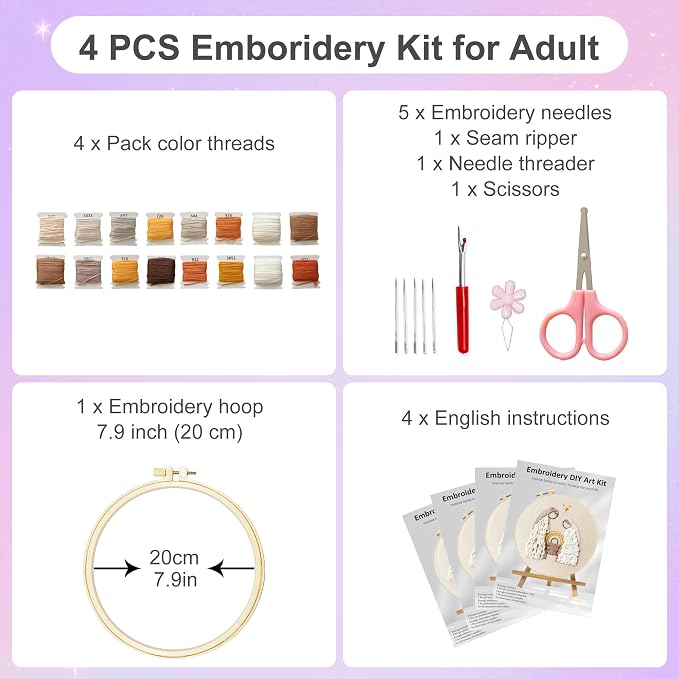 Huacan Embroidery Kit for Beginners with Tutorial Video & Gift Box | DIY Pre-printed Religion Patterns, 7.9×7.9 inch Fabric, Complete Embroidery Supplies with Gift Box for Beginners