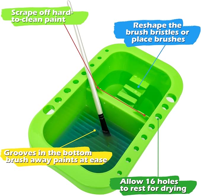 MyLifeUNIT Paint Brush Cleaner, Paint Brush Holder and Organizers with Palette for Acrylic, Watercolor, and Water-Based Paints (Lawn Green) | 18 mixing wells, 16 slots fitting 0.24-0.63 in diameters, 3 washing compartments, removable tray lid