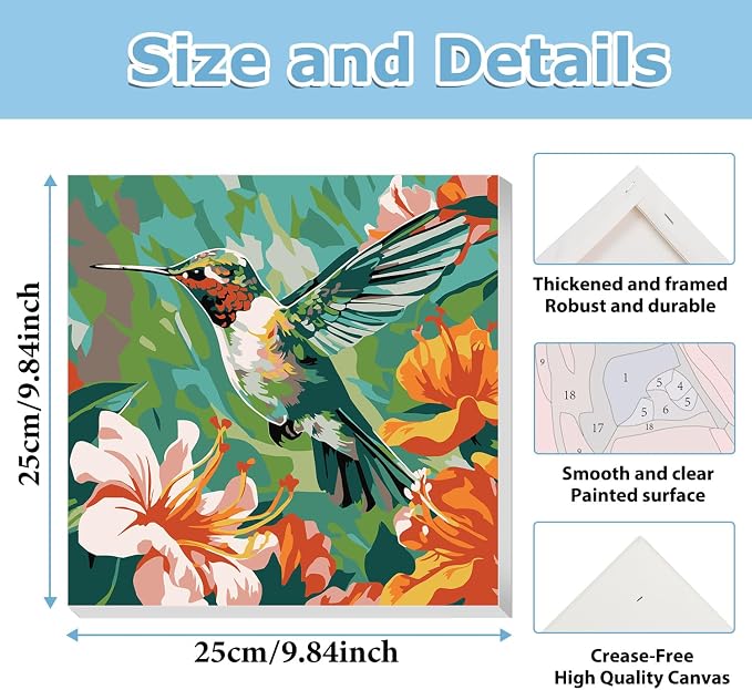 Hummingbird Paint by Numbers Kit for Adults, Paint by Numbers 10x10 Inch | Framed Paint by Numbers with Easel, Acrylic Painting by Numbers, DIY Arts and Crafts for Gifts or Home Decor