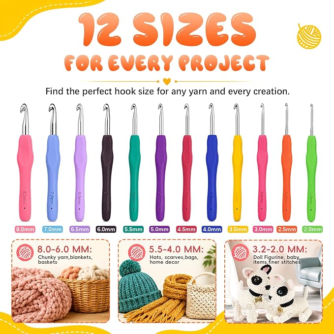 Crochet Hooks 12 Sizes Crochet Hook Set, 50 Pack Yarn Crochet Kit for Beginners, Knitting Needles with Ergonomic Handles for Arthritic Hands, Crochet Needle Kit with Blue Case for Crocheters