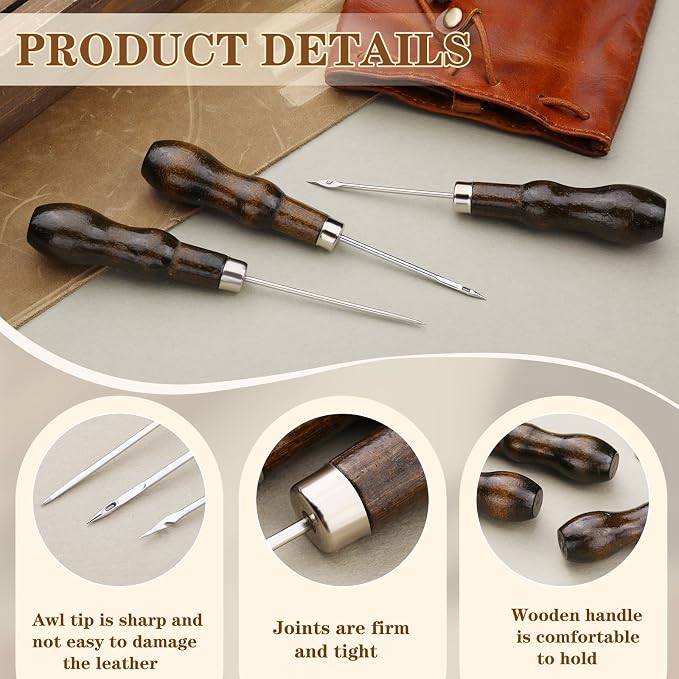 ZXIIXZ 3 Pcs Sewing Awls, Leather Scratch Hollow Hook Awl Tool Kit