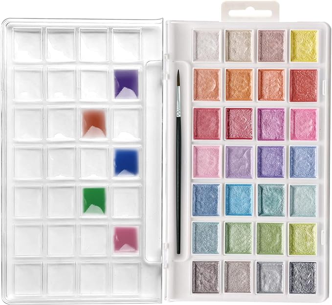 Artecho 28 Metallic Watercolor Paint Set | Glitter Colors, Semi-Moist Pearlescent Watercolor, Non-Toxic, for Beginners & Artists