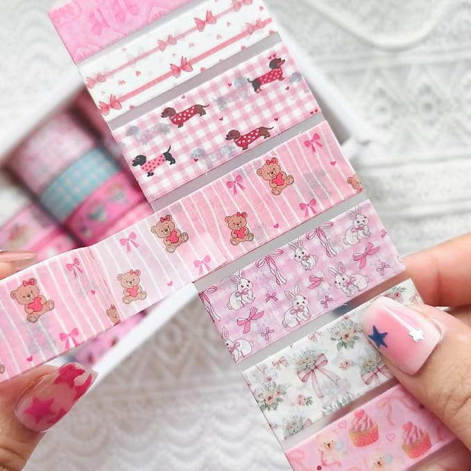 Bomichi Washi Tape Set - 42 Rolls Cute Pink Bow Decorative Scrapbook Tape