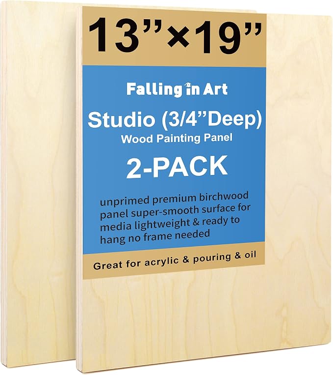 Falling in Art 2 Pack 13x19 Unfinished Birch Wood Panels Kit for Painting | Studio 3/4’’ Deep Wood Canvas, Cradle Boards for Acrylic Pouring, Art, Crafts, Epoxy Resin, Laser Engraving Cutting