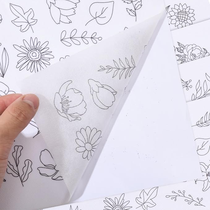 ORIGACH 4 Sheets 105 Pcs Water Soluble Embroidery Patterns Stabilizers - Pre-Printed Floral, Flowering Shrubs & Leaves Designs - Stick & Stitch Embroidery Paper for Hand Sewing Lovers