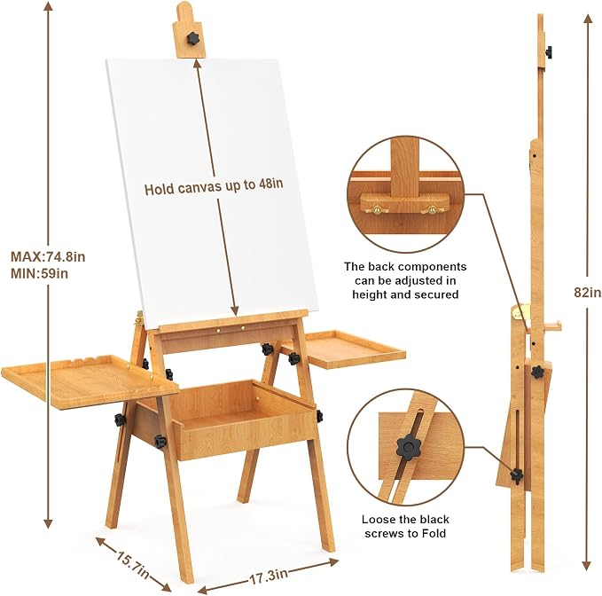 Large Beech Wood H-Frame Easel, Professional Painting Easel with 2 Palette | Multi-Function Studio Easel, Professional Foldable Artist Easel Stand for Painting, Holds Canvas Art up to 36"