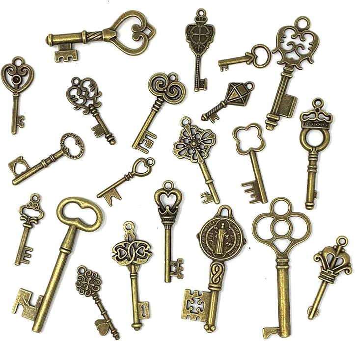 125 PCS Vintage Skeleton Key Set Charms, JIALEEY Mixed Antique Style Bronze Brass for Pendant DIY Jewelry Making Wedding Party Favors