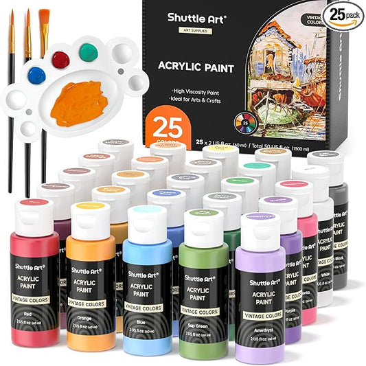 Shuttle Art Acrylic Paint Set, 25 Vintage Colours, 2oz/60ml Bottles, Rich Pigmented, Premium Acrylic Paints for Artists, Beginners and Kids on Rocks Crafts Canvas Wood Ceramic