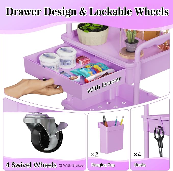 SUNALLY 4 Tier Rolling Cart with Drawer,Craft Storage Cart Organizer,Purple