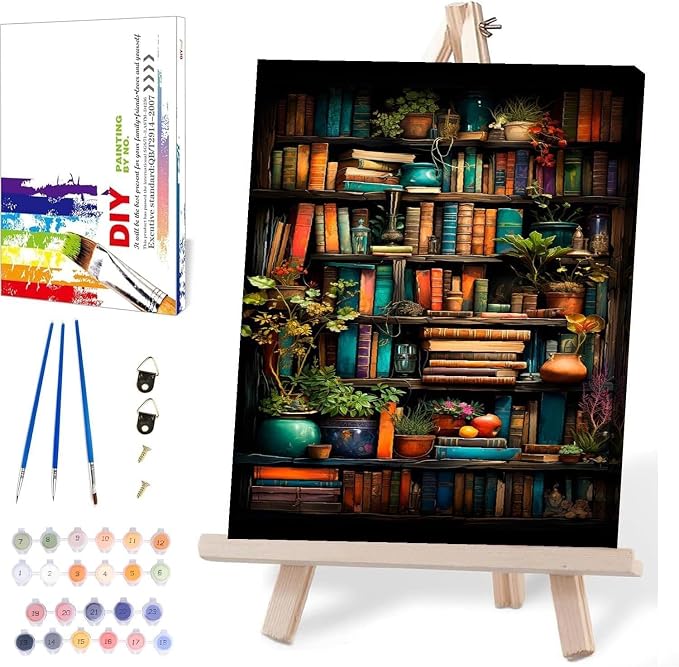 Bookshelf Paint by Numbers for Adults with Framed Canvas-with Wooden Easel,Paint by Numbers Kits Framed Canvas,DIY Acrylic Oil Painting Kits with Brushes Nice Gift Box for Home Wall Decor(12x16 Inch)