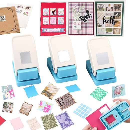 BAOFALI 3Pcs Stamp Puncher, 1X0.8inch &1inch Stamp Punch1 Inch Square Punch, Scalloped Rectangle Lever Action Paper Punches for Crafting Scrapbooking DIY Scrapbooking Journaling Card Making