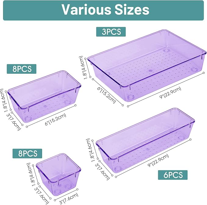 25 PCS Plastic Drawer Organizer Set, Makeup Organizers and Storage Bins | 4 Sizes Desk Drawer Divider Organizers and Storage Bins for Jewelry, Gadgets for Kitchen, Bedroom, Bathroom, Clear Purple