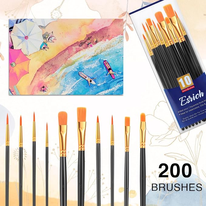 ESRICH 200PCS Paint Brushes, Paint Brush for Acrylic Painting | Artist Paintbrushes for Oil Watercolor, Body Face Rock Canvas, Small Paint Brushes for Kids, Black