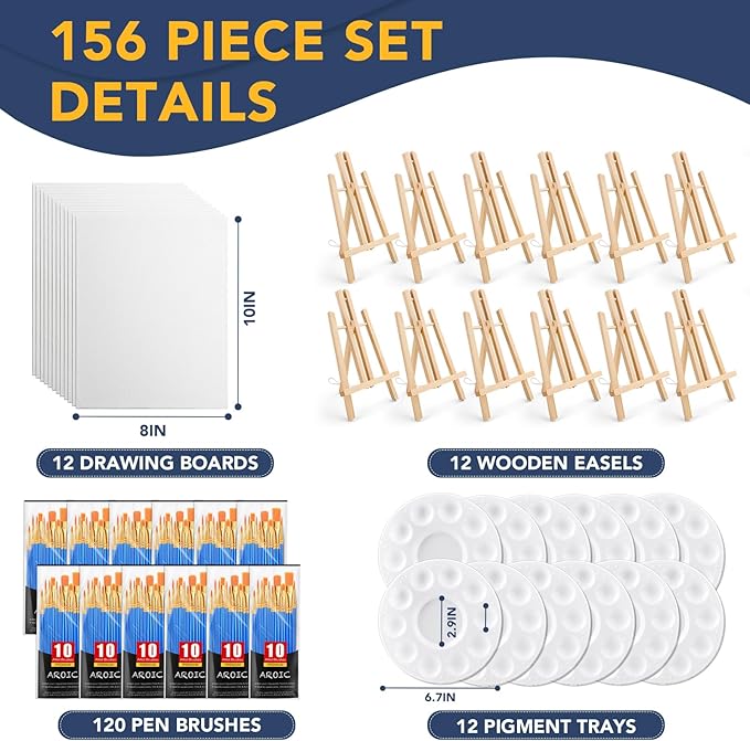AROIC 156 PCS Professional Painting Set, 12 Wood Easels,120 Brushes | with Nylon Brush Head,12 Drawing Boardart and 12 Palette, Painting Supplies kit for Adults to Painting Party