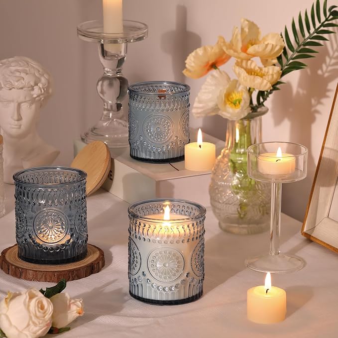 DARJEN 10 Pcs 8oz Glass Candle Jars with Lids, Candle Containers Tins-Blue | Premium Thick Glass, Secure Wooden Lids- Candle Jars for DIY Candle Making, Stunning Sunflower Design