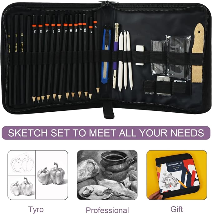 Tavolozza Drawing Art Pencils Set, 34 Pack Professional Drawing and Sketch Pencil Set in Soft-Sided Art Portfolio Storage Bags for Kids, Teens and Adults.