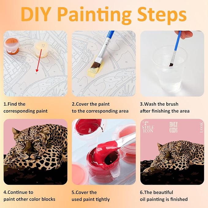 Mandun Lucky Leopard Paint by Numbers Kit for Adults, 3 Pack, 7.8x11.8 inch | DIY Painting Kits Crafts for Adults, Relieve Stress, Frame Canvas, Wooden Easel, Gift Box, Home Wall Decor