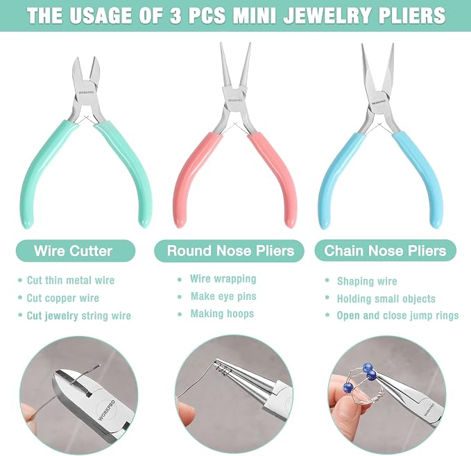 WORKPRO Jewelry Pliers Set, 3 Pack Jewelry Making Tool Kit | Includes Mini Needle Nose Plier/Chain Nose Plier, Round Nose Plier and Wire Cutter for Jewelry Repair & Making, DIY Crafts